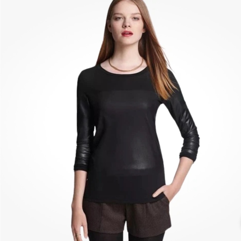 Theory Black Long Sleeve Top with Leather Details